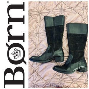 Born Boots women’s sz 8.5M Black Vintage Leather Knee High & wool plaid chunky